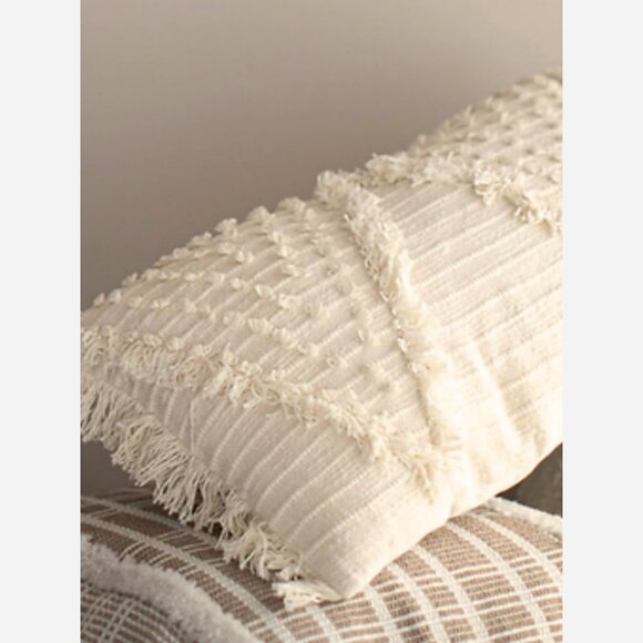 Lumbar Hand Woven Pillow – Cream Cotton with Fringe & Diamond Motifs, 22x14 - Picture 3 of 7
